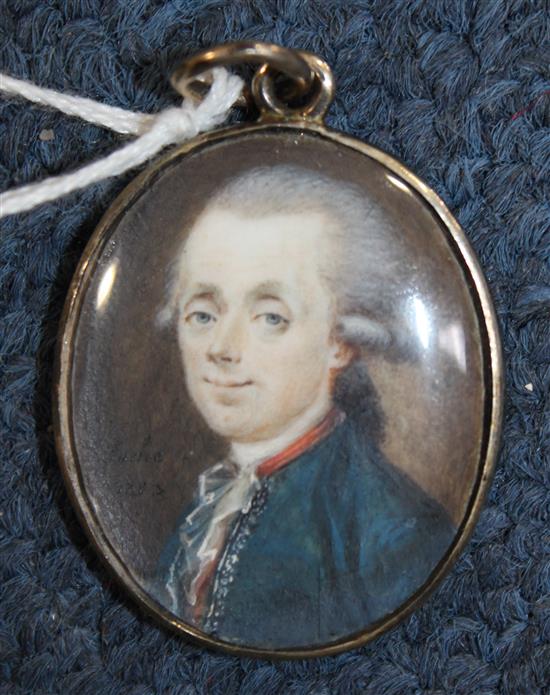 Fache (18th C.) Miniature of a gentleman wearing a blue coat, 3.1 x 2.6cm.